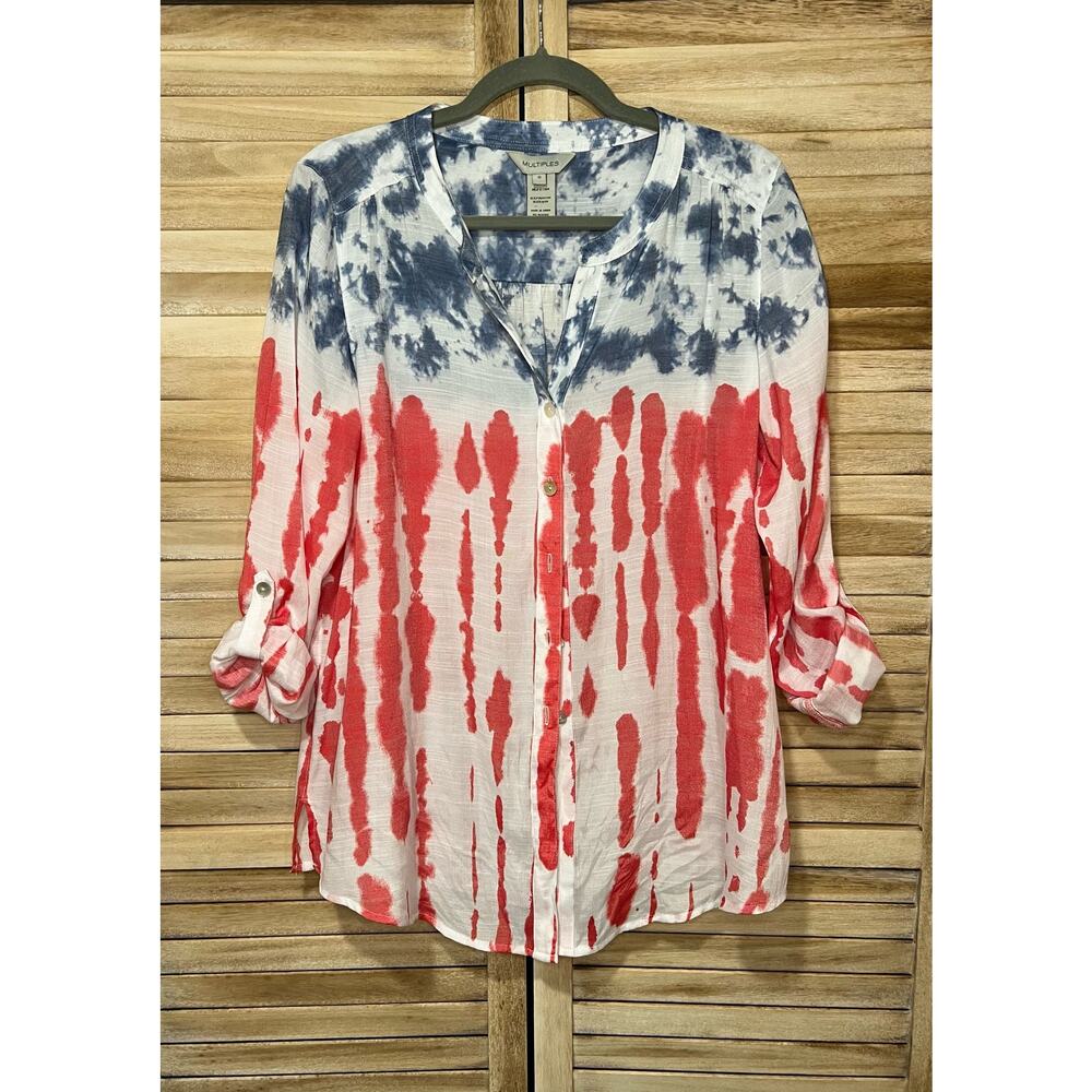 Multiples Tab Sleeve Band Collar Button Down | Red White Blue | sz SM USA